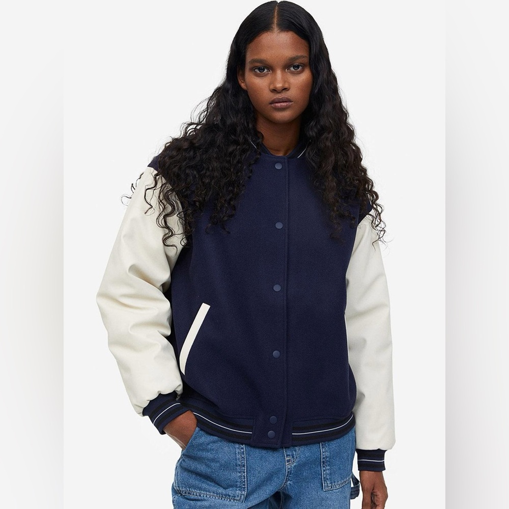 NWOT H&M Divided Navy and Cream Baseball Varsity Jacket